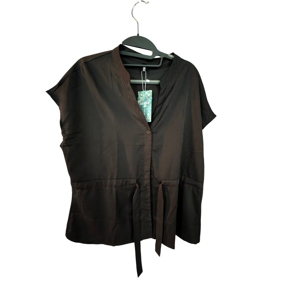 CiCiBird Black Short SleeveBlouse Tie Waist Mandarin Collar Size L NWT